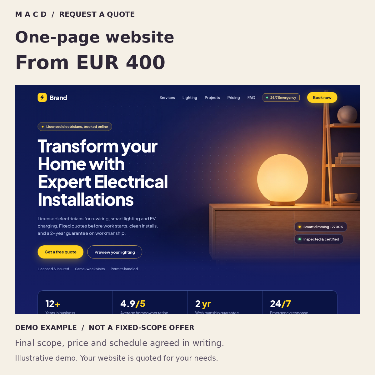 One-page website: illustrative MACD demo and starting price