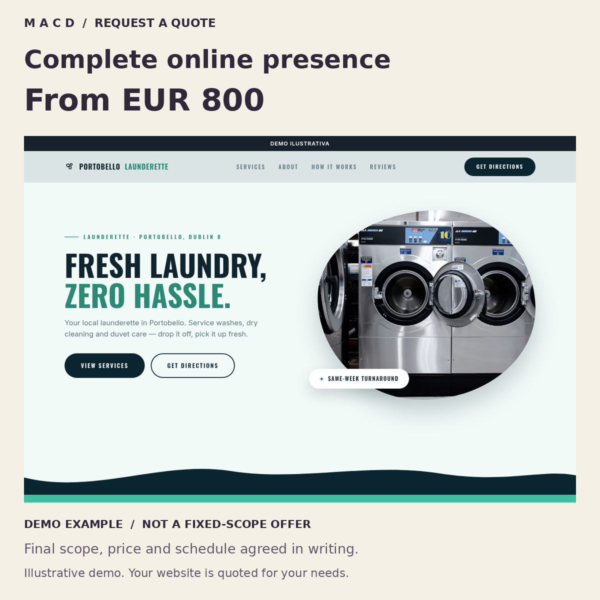 Complete online presence: illustrative MACD demo and starting price
